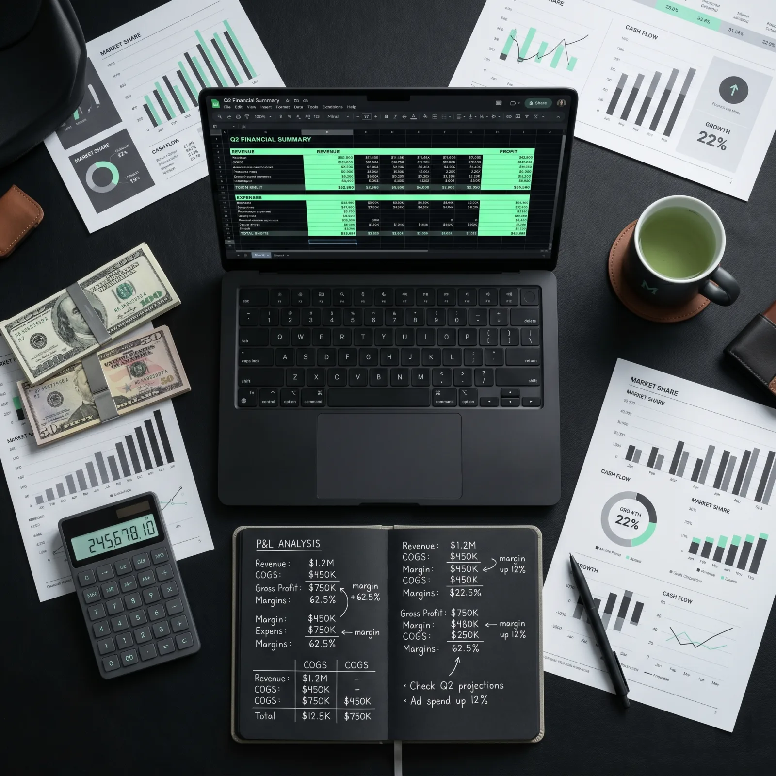 Mesa de trabajo con laptop, calculadora y cuaderno de análisis P&L